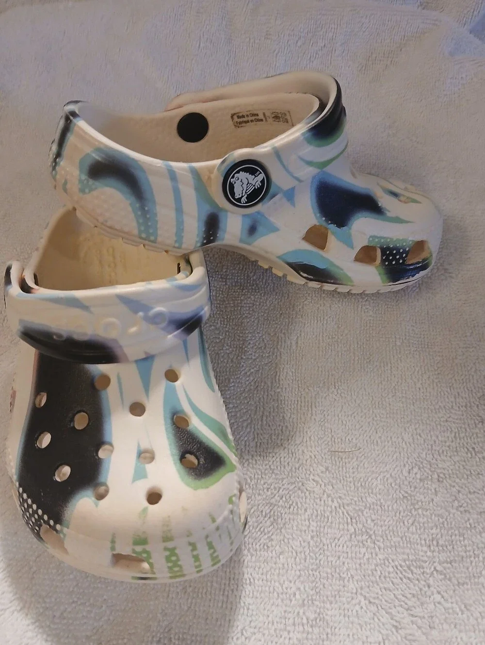 Crocs Kids' Classic Clog -size C7 White with Blue, Green, And Red Pattern
